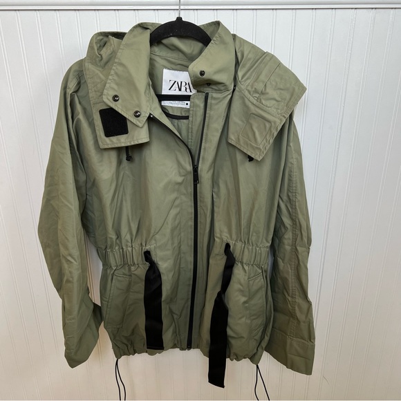 Zara Olive Green Hooded Parka Rain Jacket Women’s Size Small - Picture 1 of 4